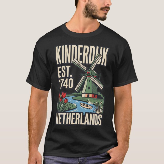 Kinderdijk Windmill Nederländerna Vintage Resa Pos T Shirt (Framsida)