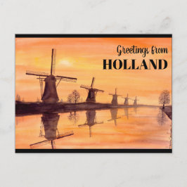 Kinderdijk Windmills Sunset - Watercolor Painting Vykort