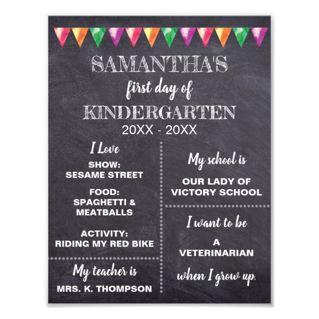 Kindergarten Chalkboard Första dagen av skolsignal Fototryck (Framsidan)