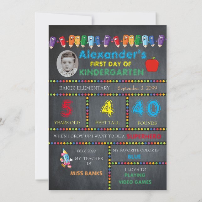 Kindergarten-fotokort, första dagen, BOY,Chalkboar Meddelande (Framsida)