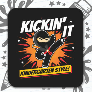 Kindergarten Ninja Kick First Day Back to school Fyrkantigt Klistermärke