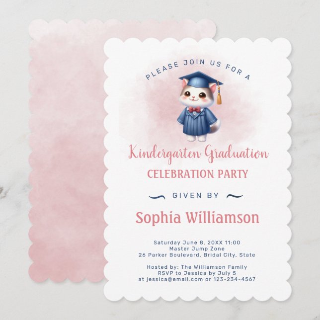 Kindergarten Studenten Cat for Girl Inbjudningar (Fram/baksida)