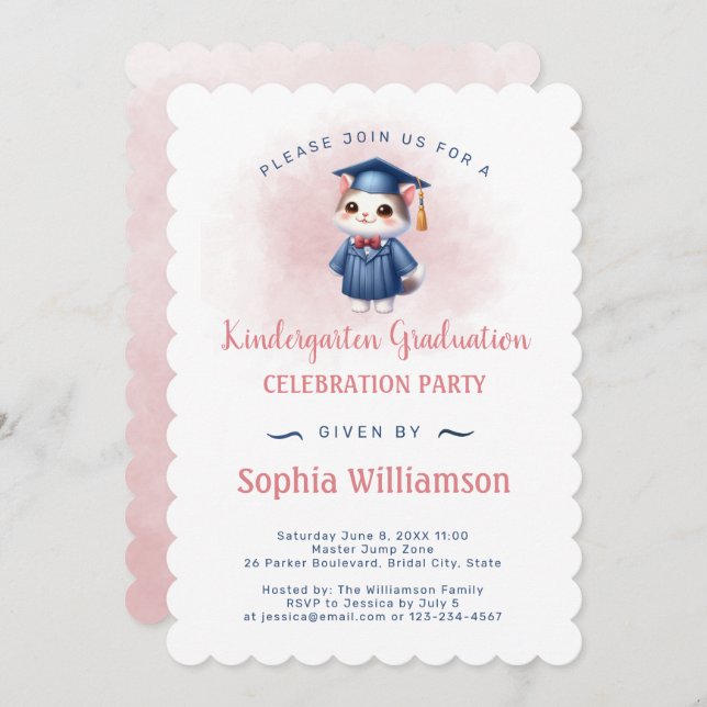 Kindergarten Studenten Cat for Girl Inbjudningar (Fram/baksida)