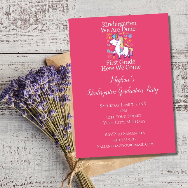 Kindergarten Studentfest Rosa Unicorn Inbjudningar (Kindergarten Graduation party invitation for little girl)
