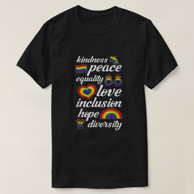Kindness Peace Equality Kärlek Inclusion Gay pride T Shirt (Design framsida)
