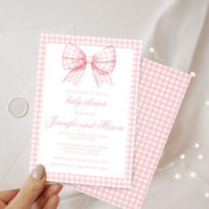 Kindocka för rosa av band med gingham flicka dusch inbjudningar