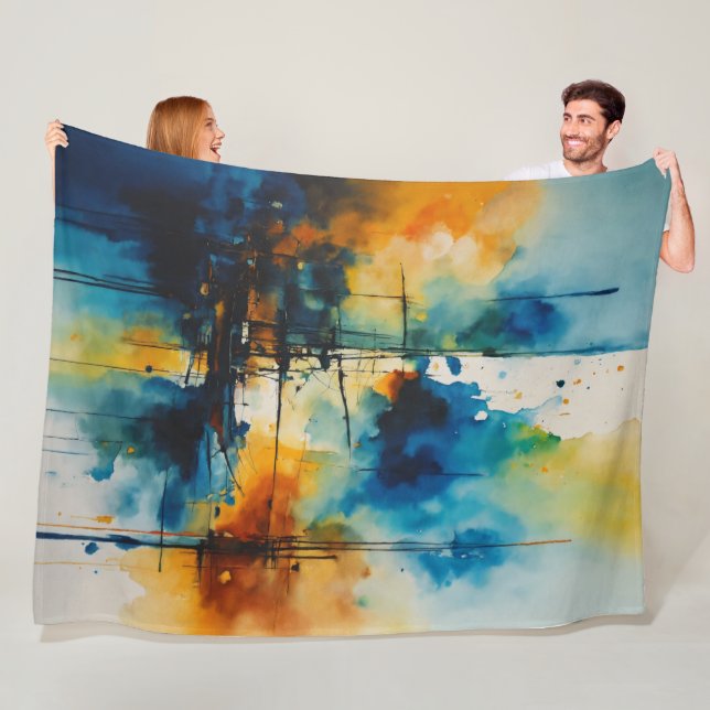 Kinematisk vattenfärgsgrafik | Blått och Orange Mo Fleecefilt (På plats)