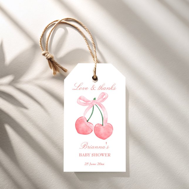 Kinerisk rosa, babydusch presentetikett (Cherry pink coquette baby shower favors personalized favor gift tags customized thank you tags)