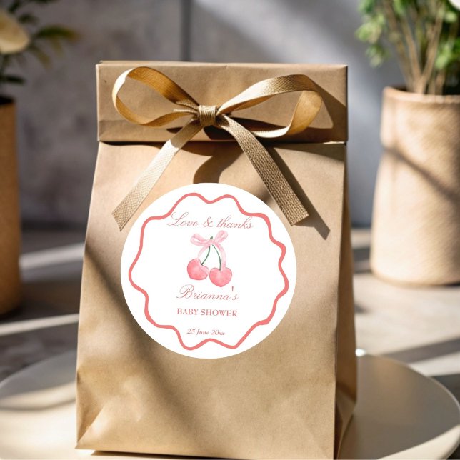 Kinerisk rosa, babydusch runt klistermärke (Cherry pink coquette baby shower favor stickers personalized thank you favor stickers)