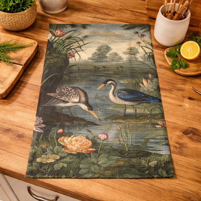 Kineseri Blå Trana Antik Botanisk Kulinarisk Kökshandduk (Skapare uppladdad)