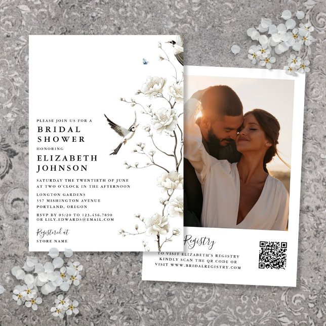 Kineseri Blommig Foto QR-kod Bröllopsdusch Inbjudningar (Chinoiserie Floral Photo QR Code Bridal Shower Invitation)