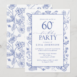 Kineseri fransk blå skrift 60-års födelsedagsfest inbjudningar