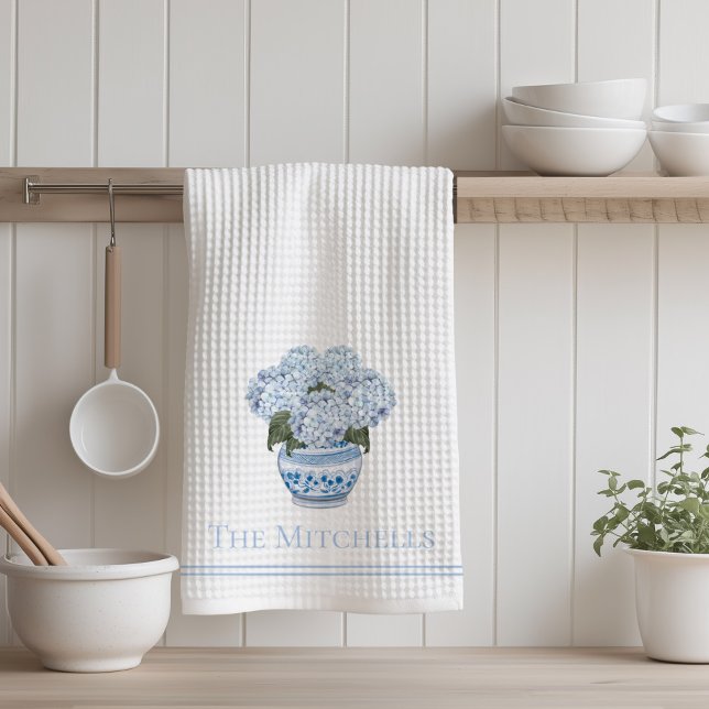 Kineseri Hydrangea Blommor Blå  Kökshandduk (Chinoiserie Hydrangea Kitchen Towel)