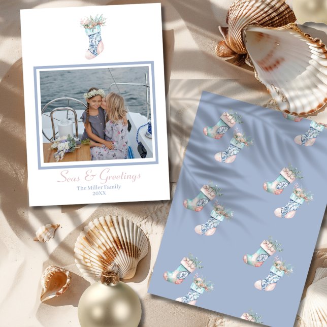 Kineseri skalkjulsk Christmas Strumpa Foto Julkort (Chinoiserie Seashell Christmas Stocking Photo Holiday Card-front and back)