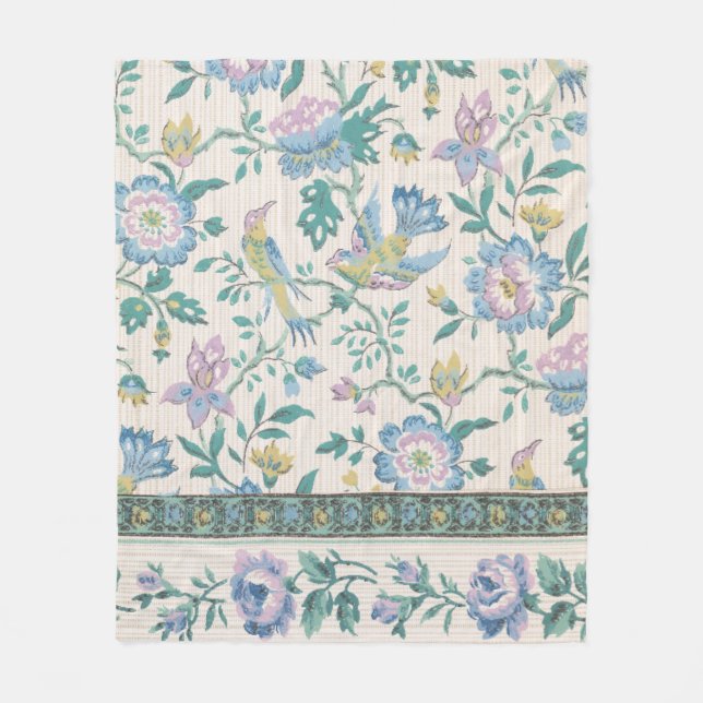 Kineseri Vintage Fågel Blommig Pastell Mönster Fleecefilt (Framsidan)