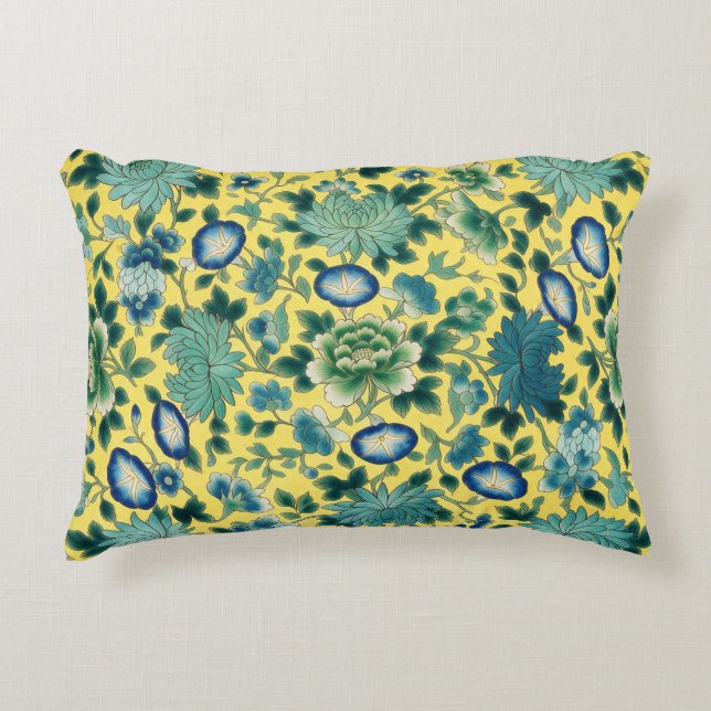 Kineserimålade blomstermönster gula chintz  prydnadskudde (Framsidan)