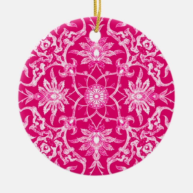 Kinesisk art nouveau Tile - Fuchsia Rosa Julgransprydnad Keramik (Framsidan)