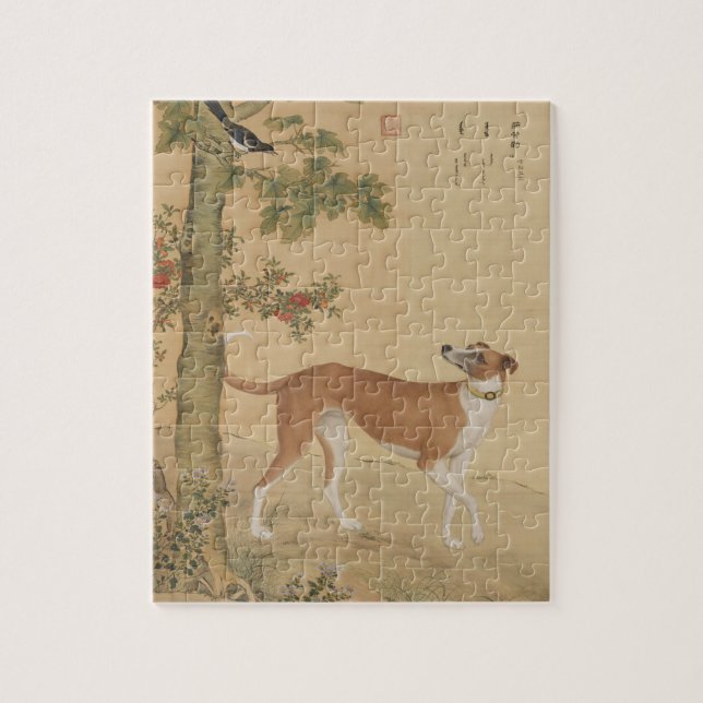 Kinesisk artikel 1747 Hund Bird & Flowers Mönster Pussel (Vertikal)