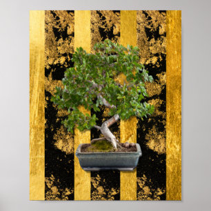 Kinesisk-asiatisk Bonsai Träd Grönt Guld Black Poster