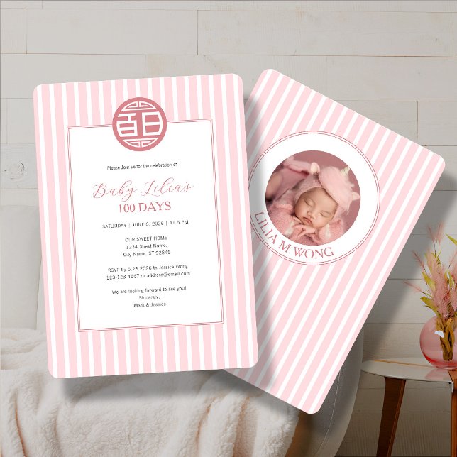 Kinesisk Baby 100 Dagar 百日 Rosa Inbjudan (Skapare uppladdad)