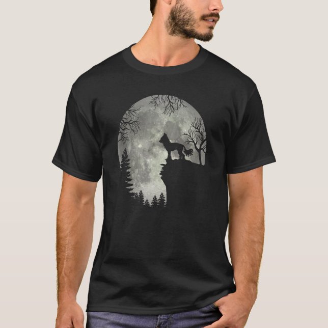 Kinesisk bestred Hund och Måne Halloween T Shirt (Framsida)