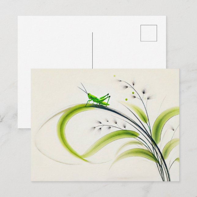 Kinesisk bläckgräshoppa på gräs vykort (Fram/baksida)
