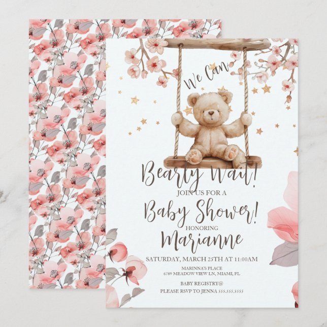 Kinesisk Blommig Björn Baby Shower Flicka Inbjudningar (Fram/baksida)