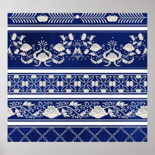 Kinesisk Blommigt Blue: Vintage Watercolor Gräns Poster