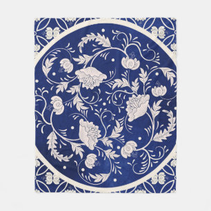 Kinesisk Blommigt Rund: Vintage för blå vattenfärg Fleecefilt