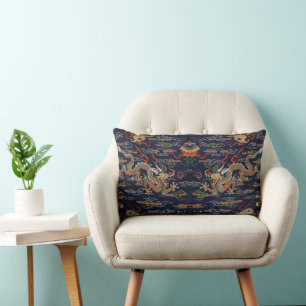 Kinesisk Blue Kesi Dragon Tapestry Lumbarkudde