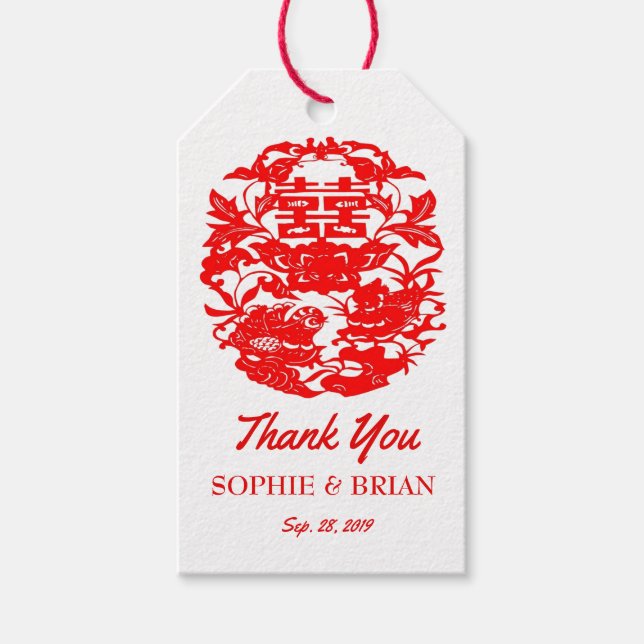 Kinesisk Bröllop Dubbla Happity Love birds Presentetikett (Framsidan)