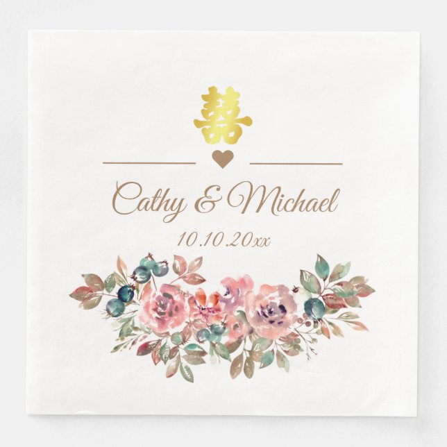 Kinesisk bröllop elegant rustik dammig rosa blommi pappersservett (Framsida)