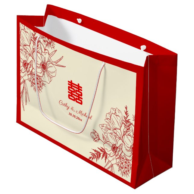 Kinesisk bröllop röd beige blommigt oriental (Framsidan Vinklad)