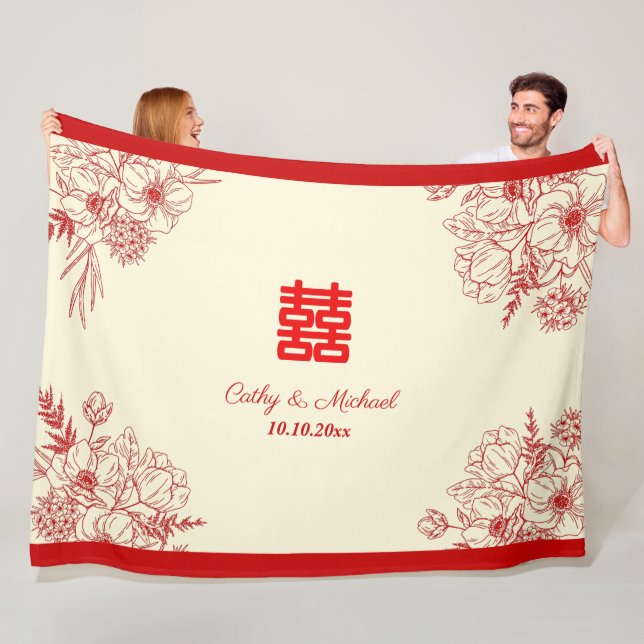 Kinesisk bröllop röd beige blommigt oriental fleecefilt (På plats)