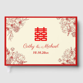 Kinesisk bröllop röd beige blommigt oriental gästböcker