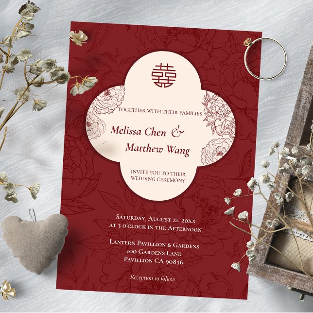 Kinesisk bröllopsinbjudan elegant Snöre Blommigt Meddelande (Elegant Lace Floral Chinese Wedding Invitation)