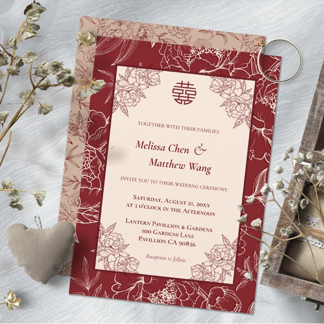 Kinesisk bröllopsinbjudan elegant Snöre Blommigt Meddelande (Elegant Lace Floral Chinese Wedding Invitation)