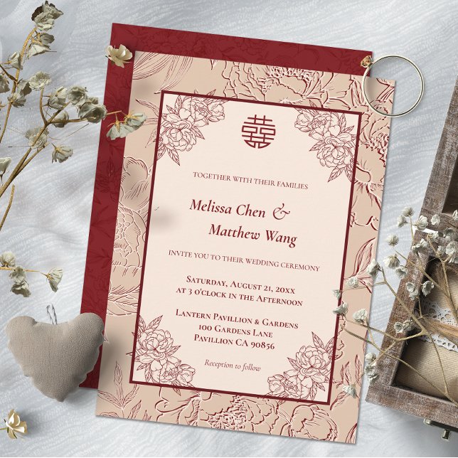 Kinesisk bröllopsinbjudan elegant Snöre Blommigt Meddelande (Elegant Lace Floral Chinese Wedding Invitation)