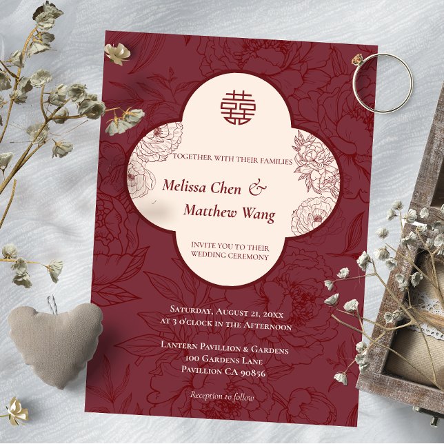 Kinesisk bröllopsinbjudan elegant Snöre Blommigt Meddelande (Elegant Lace Floral Chinese Wedding Invitation)