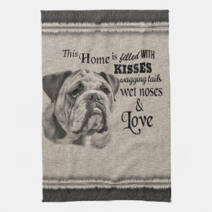 Kinesisk Bulldog vintage porträtt, söt citat Kökshandduk