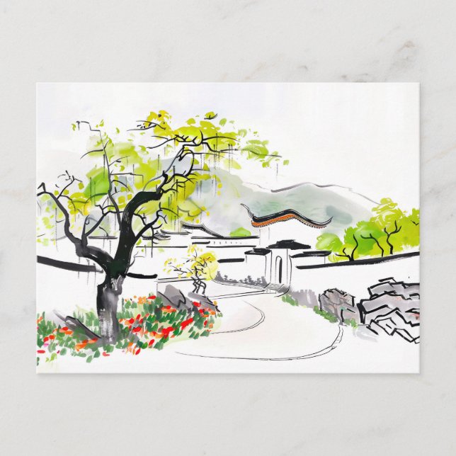 Kinesisk byvy med traditionellt tempel vykort (Framsida)