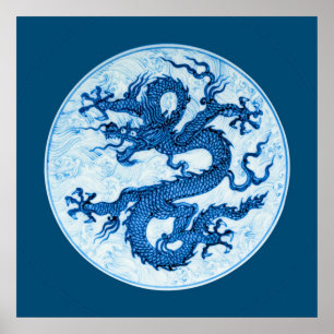 Kinesisk dragon, Indigo Blue and White Poster