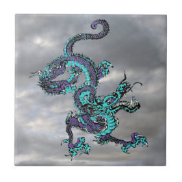 Kinesisk dragon Lila och Blue v16 Kakelplatta