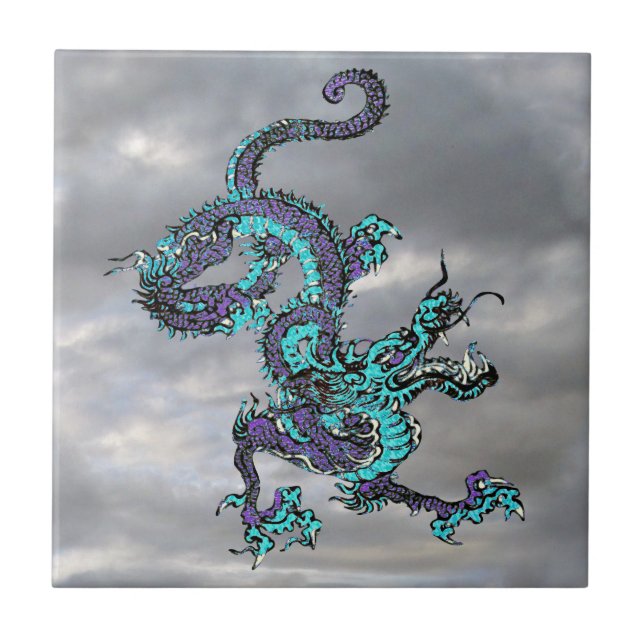 Kinesisk dragon Lila och Blue v16 Kakelplatta (Framsidan)