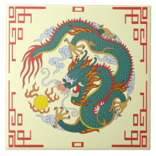 Kinesisk dragon med Red Gräns Decorative Tile Kakelplatta