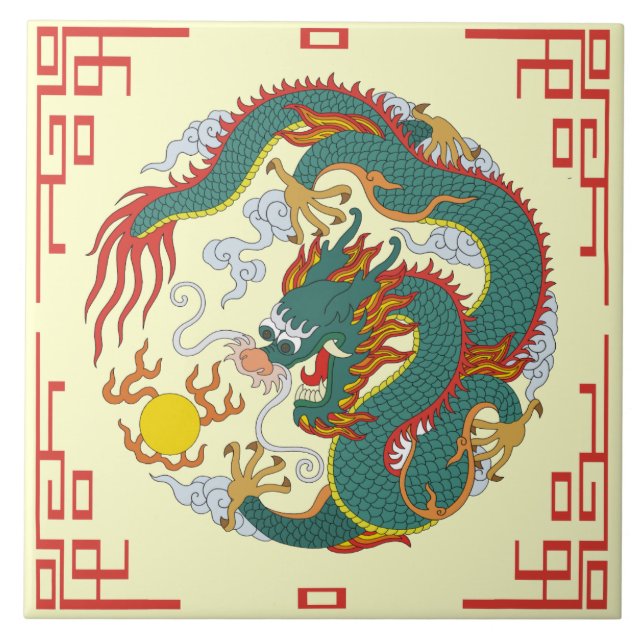 Kinesisk dragon med Red Gräns Decorative Tile Kakelplatta (Framsidan)