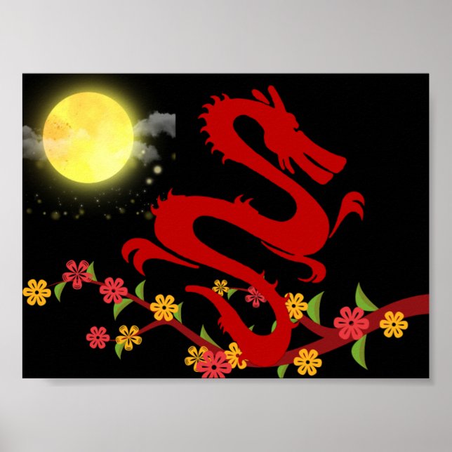 Kinesisk dragon - slående poster med månljus (Framsidan)