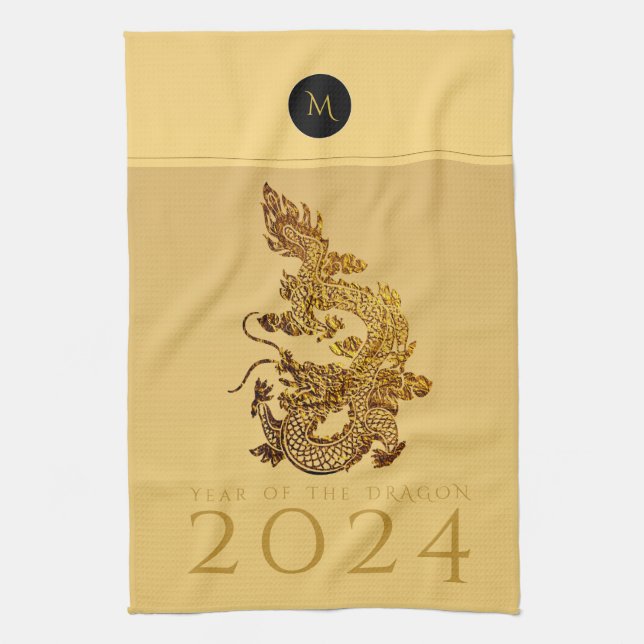 Kinesisk Dragon Year 2024 Elegant Monogram KT Kökshandduk (Vertikal)
