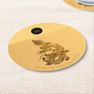 Kinesisk Dragon Year 2024 Elegant Monogram RPapC Underlägg Papper Rund
