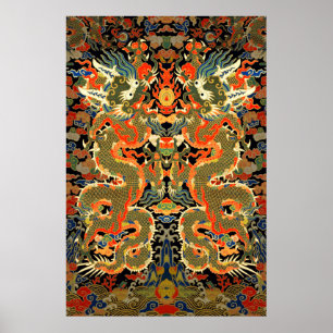 Kinesisk dragonfärgad broderi poster